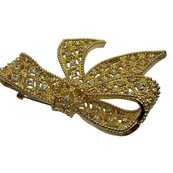 Kenneth Jay Lane Bow Brooch Pin Gold Tone Vintage KJL Rhinestone Women Retro - Picture 3 of 15